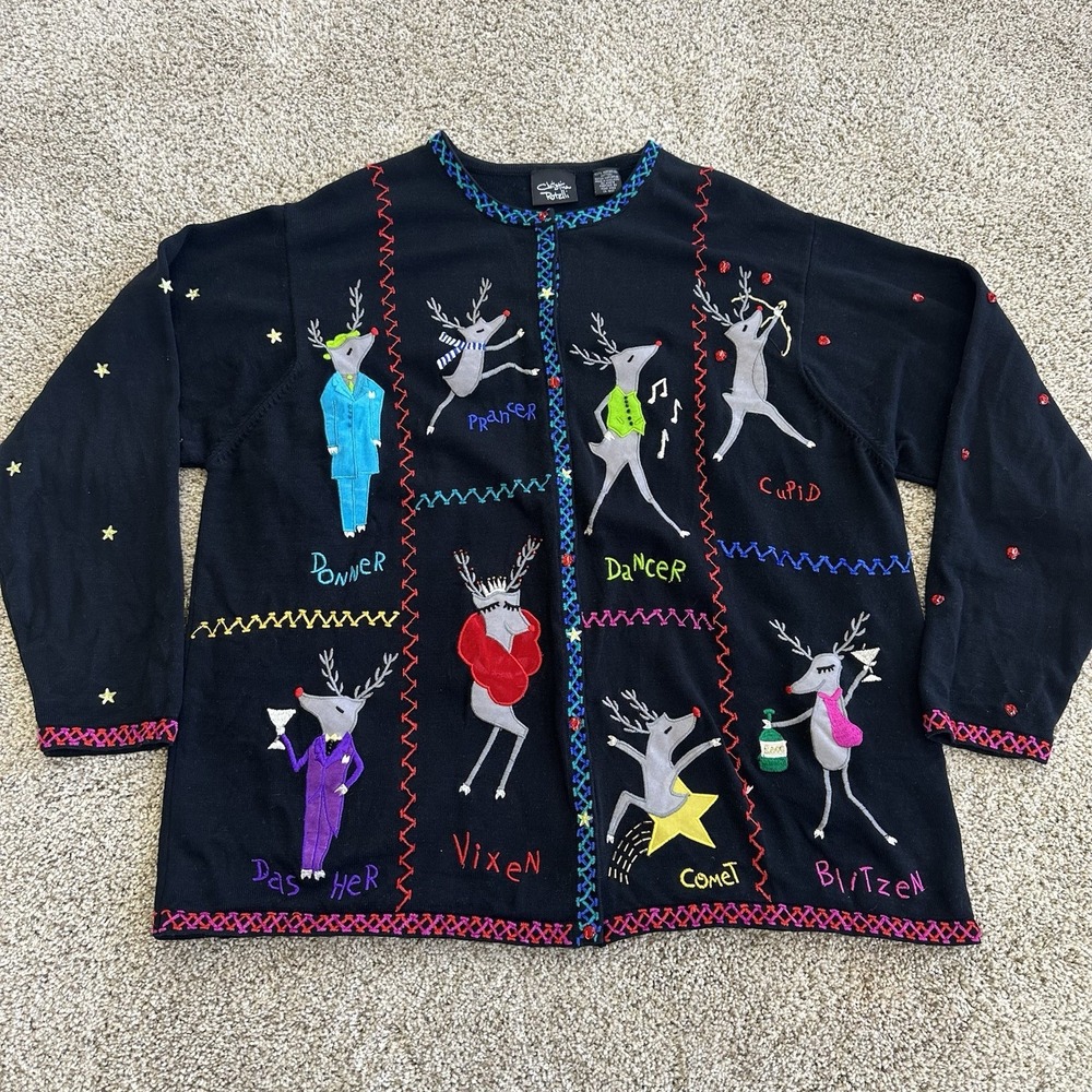 Christina Rotelli Womens 2X XXL Christmas Embelished Sweater Cardigan Reindeer - Picture 1 of 9
